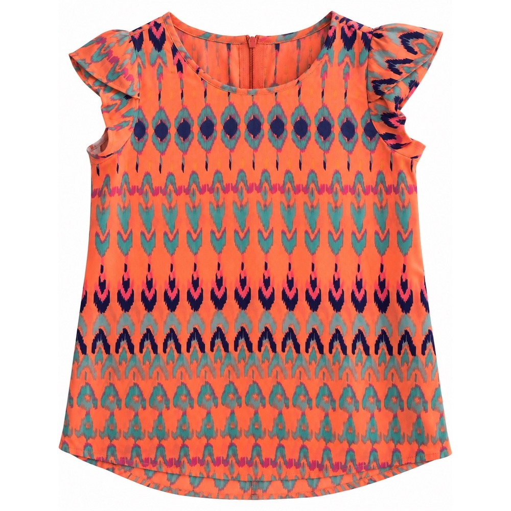 Shrinking Violet Neon Orange Ikat Print Cap Sleeve Top - Picture 1 of 7
